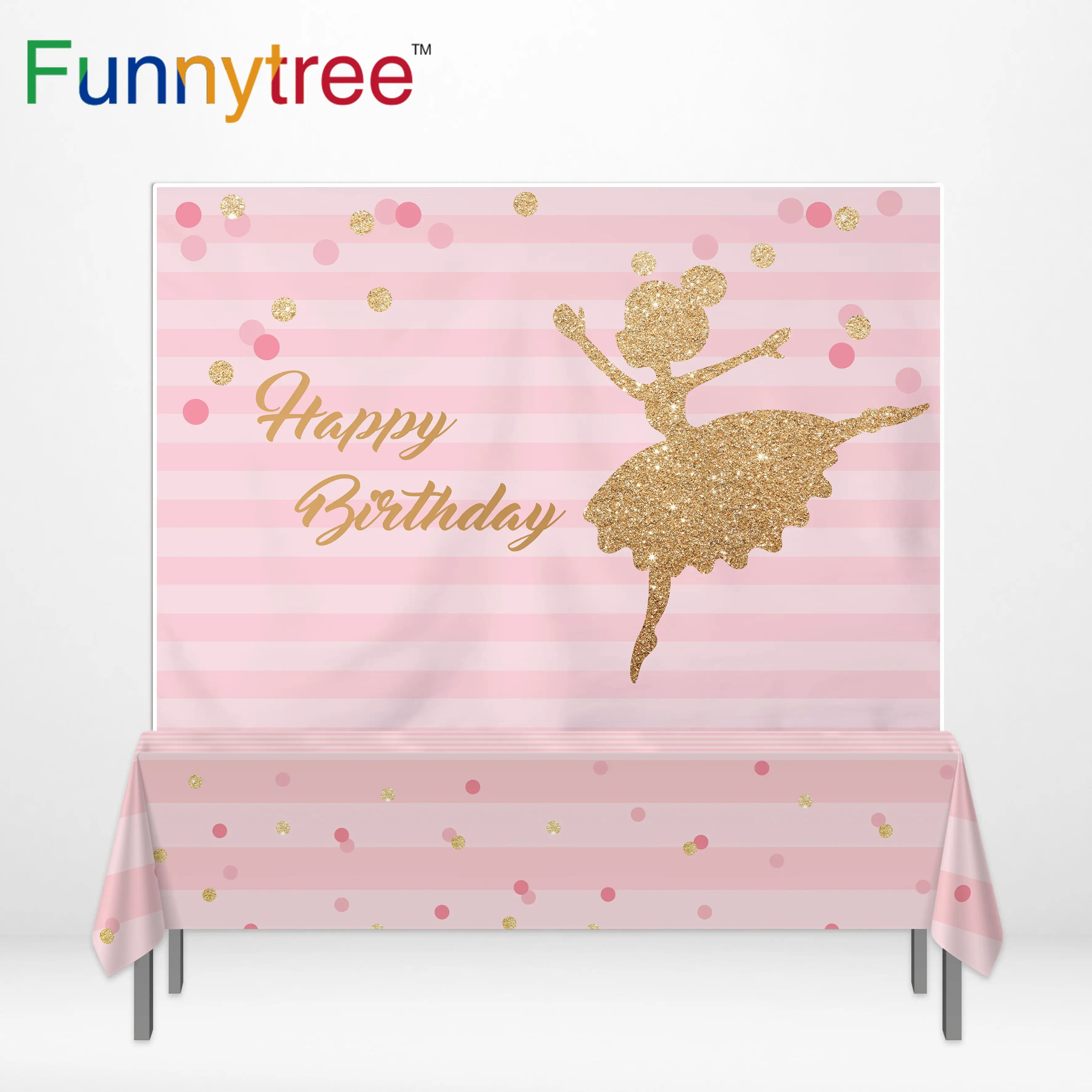 Funnytree баннер вечерние фото розовая полоса девочка ребенок душ балерина фон день рождения рамка фон скатерть Фотофон
