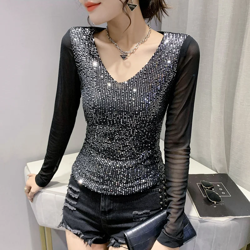 Long Sleeve V Neck Sequin Top Long Sleeve Sequin Tops Women 8948