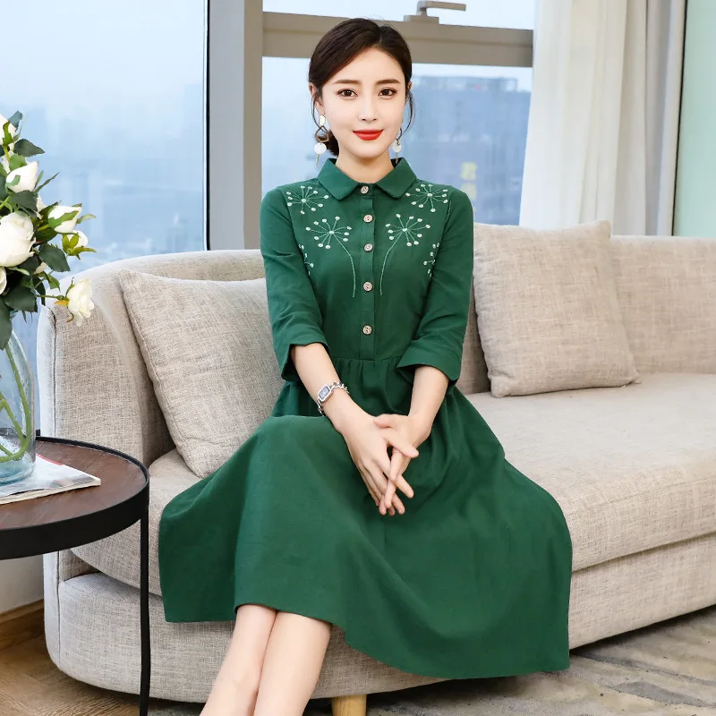 

Cotton Linen Dress Female Spring New Style 2019 Mid-length Literature And Art Retro Slim Fit Embroidered A- line Skirt Fold-down
