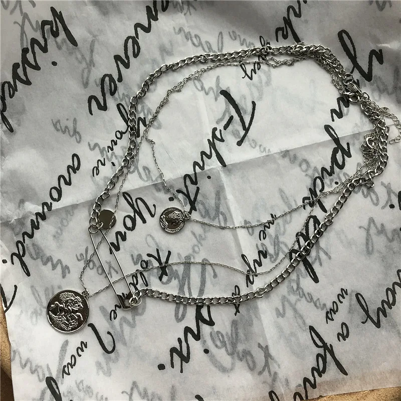 DIEZI Hip Hop Vintage Multilayer Silver Color Chain Coin Pendant Necklace Couple Punk Geometric Pendant Necklaces for Women Men
