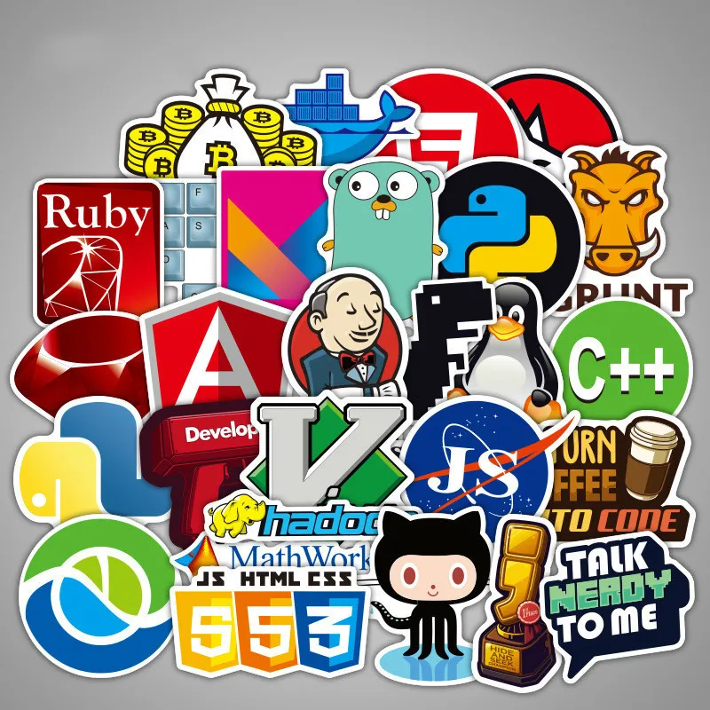 

108 Pcs Internet Java Sticker Geek Programmer Php Docker Html Bitcoin Cloud C++ Programming Language for Laptop Car DIY Stickers