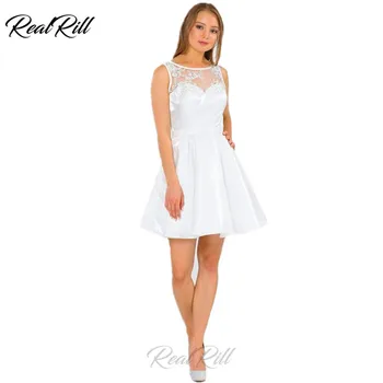 

Real Rill Illusion Neck Zipper Up Back A Line Short Cocktail Dress Solid Color Satin Mini Homecoming Dress