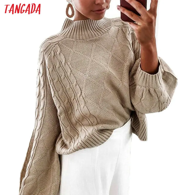 

Tangada women oversized twist jumpers turtleneck European fashion Lantern sleeve sweater knitwear 6C38