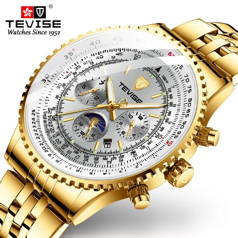 TEVISE Топ бренд класса люкс автоматические механические мужские часы Moon Phase модные из нержавеющей стали деловые водонепроницаемые наручные часы