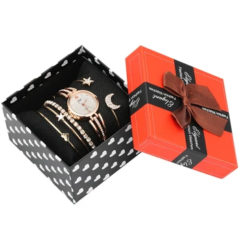 

6pc/Set Watch Bracelet Sets Rose Gold Women's Luxury Diamond Dial Watch Creative Star Heart bling bling Open Cuff Bangle Box Set