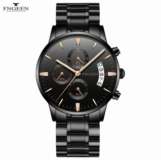 FNGEEN кварцевые часы для мужчин бизнес водонепроницаемые Авто часы с датой мужские роскошные мужские светящиеся наручные часы Reloj Hombre - Цвет: Full black