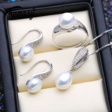 FENASY, 925 пробы, серебро, натуральный жемчуг, классические ювелирные комплекты, трендовые, золотой цвет, серьги-гвоздики, подвеска, цепочка, ожерелье для женщин