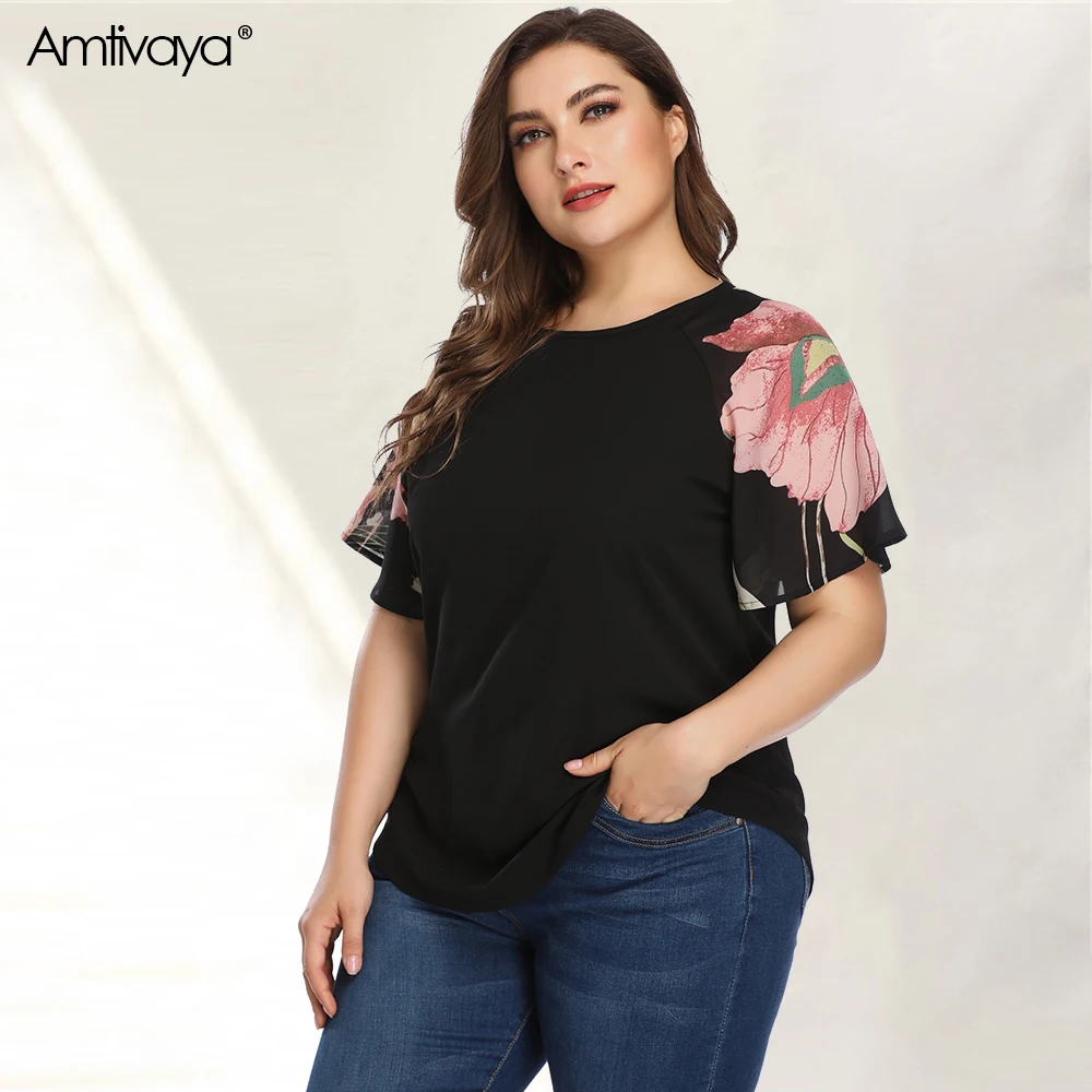 Comprar Camisetas de verano Amtivaya 2019 de talla grande para mujer Camiseta de manga corta holgada informal con estampado de chifón talla grande negro 3XL 4XL 5XL