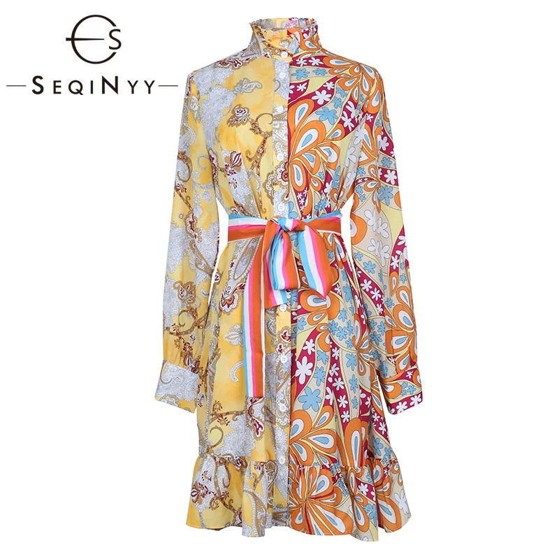 

SEQINYY Vintage Dress Orange Flowers Printed 2020 Spring Autumn New Fashion Long Sleeve Straight Belt Casual Dress Women