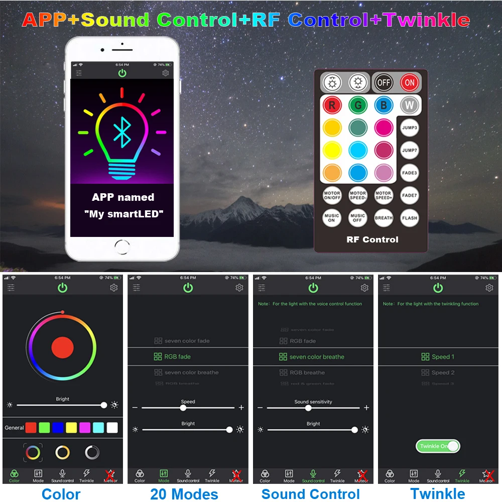 Smartphone APP Control Fiber Optic Light 10W Twinkle Effect Bluetooth & Music Control RGBW LED Lights Kit Star Ceiling Lighting