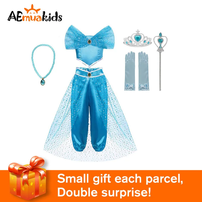 

Kid Aladdin and the Magic Lamp's Princess Jasmine Costumes Top Pants Set with Headband Girl Jasmine Birthday Party Dress Cosplay