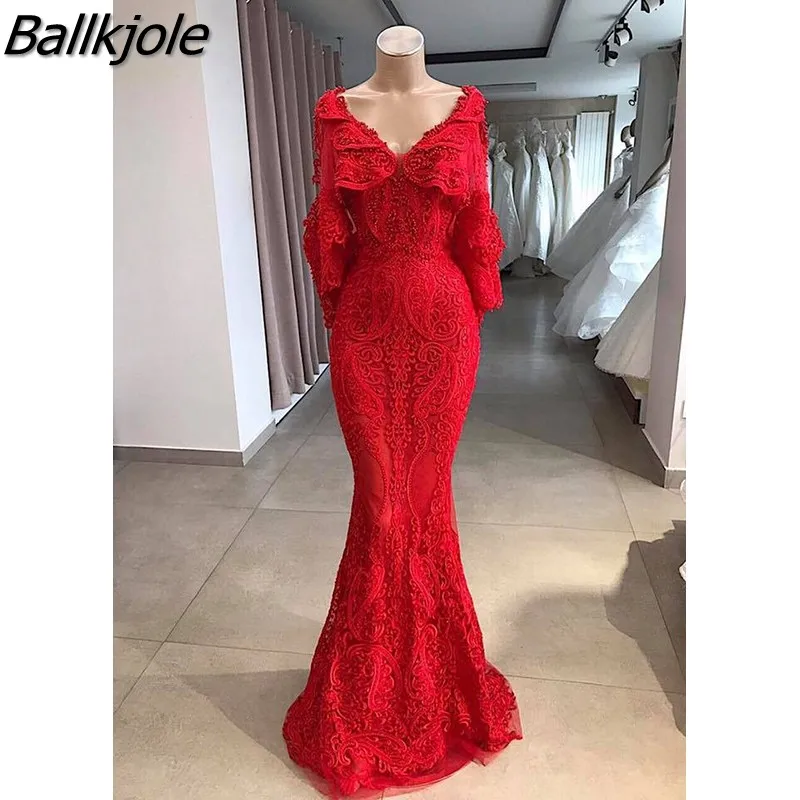 Ballkjole очаровательные красные Пол Длина Русалка 2019 Выпускные платья v-образный вырез бисер жемчуг Аппликации Кружева шаль вечернее платье с