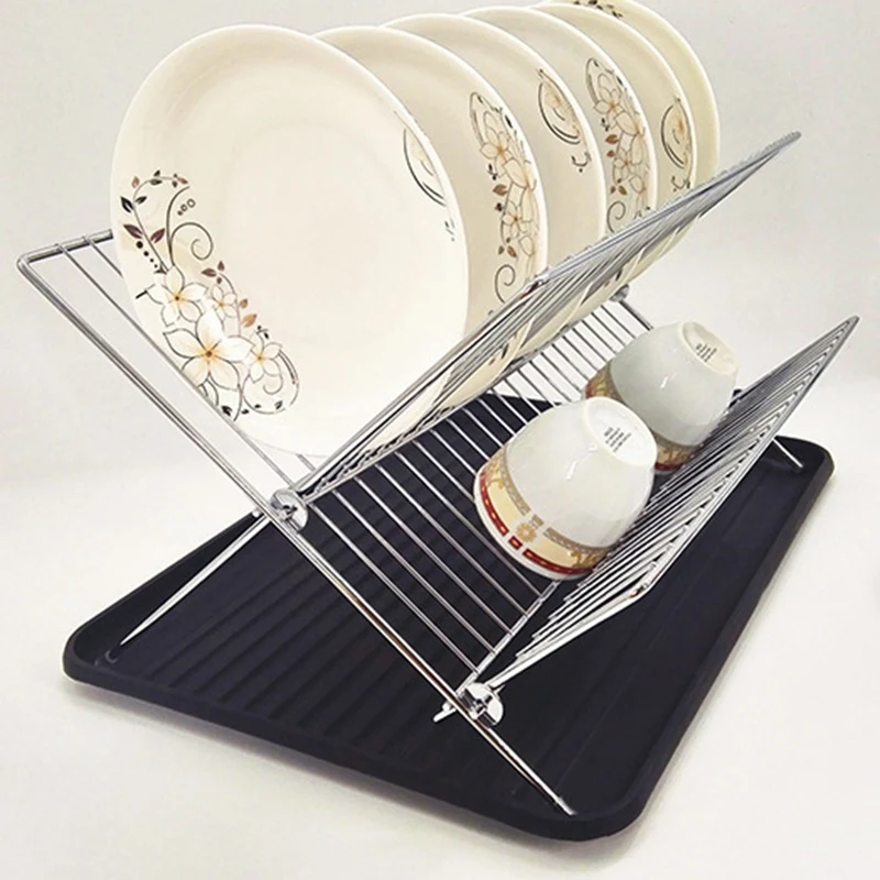 

Hot Sale Steel Foldable X Shape 2-Tier Shelf Dish Drainers With Drainboard