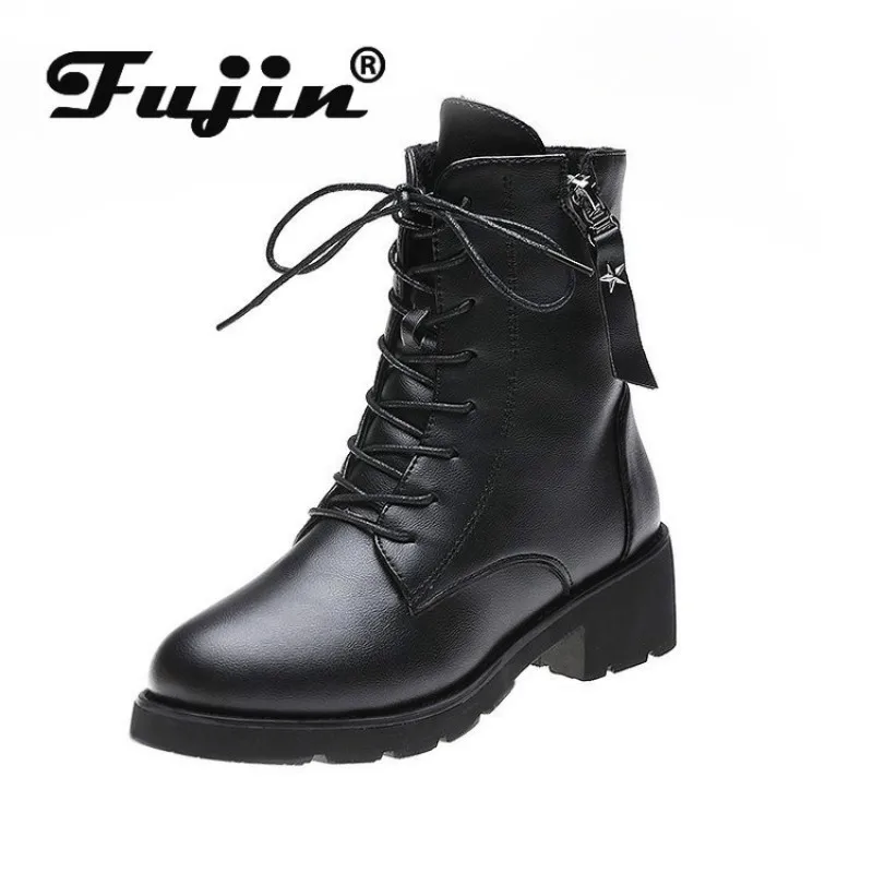 Женские зимние ботинки Fujin черные кожаные на платформе с теплым мехом и шнуровкой