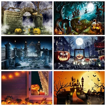 

Halloween Backdrop Tombstone Castle Pumpkin Lantern Moon Bat Baby Birthday Photography Background For Photo Studio Photophone