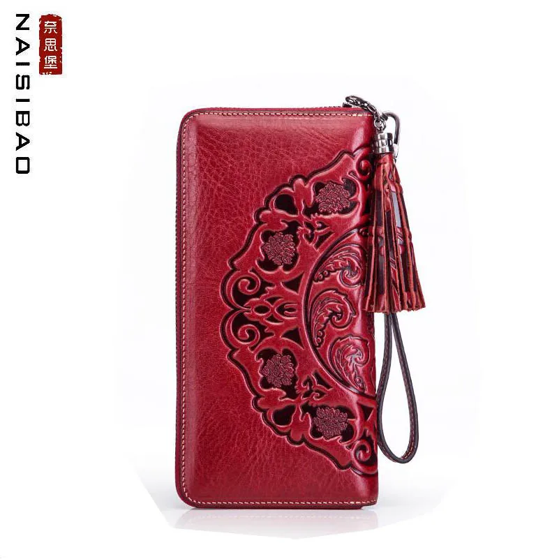 

NAISIBAO New women genuine leather bag designer brands wallets fashion zipper embossing long women wallets leather clutch bags