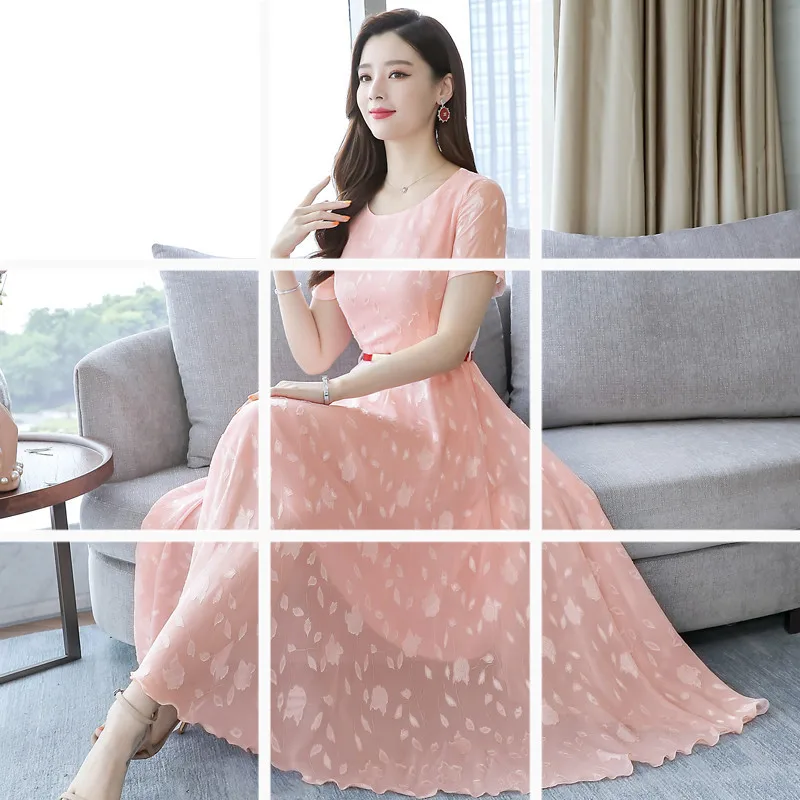 

Southeast Asia Hot Selling 2019 New Style Summer Popular Short Sleeve Full Body Dress Mid-length Waist Hugging Big Skirt Women's