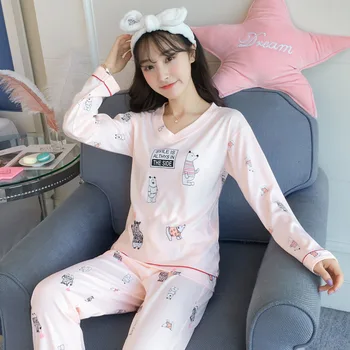 

100% Cotton V-neck Pajamas Sets For Women 2020 Autumn Long Sleeve Pyjamas Girls Cute Cartoon Print Homewear Lounge Home Clothing