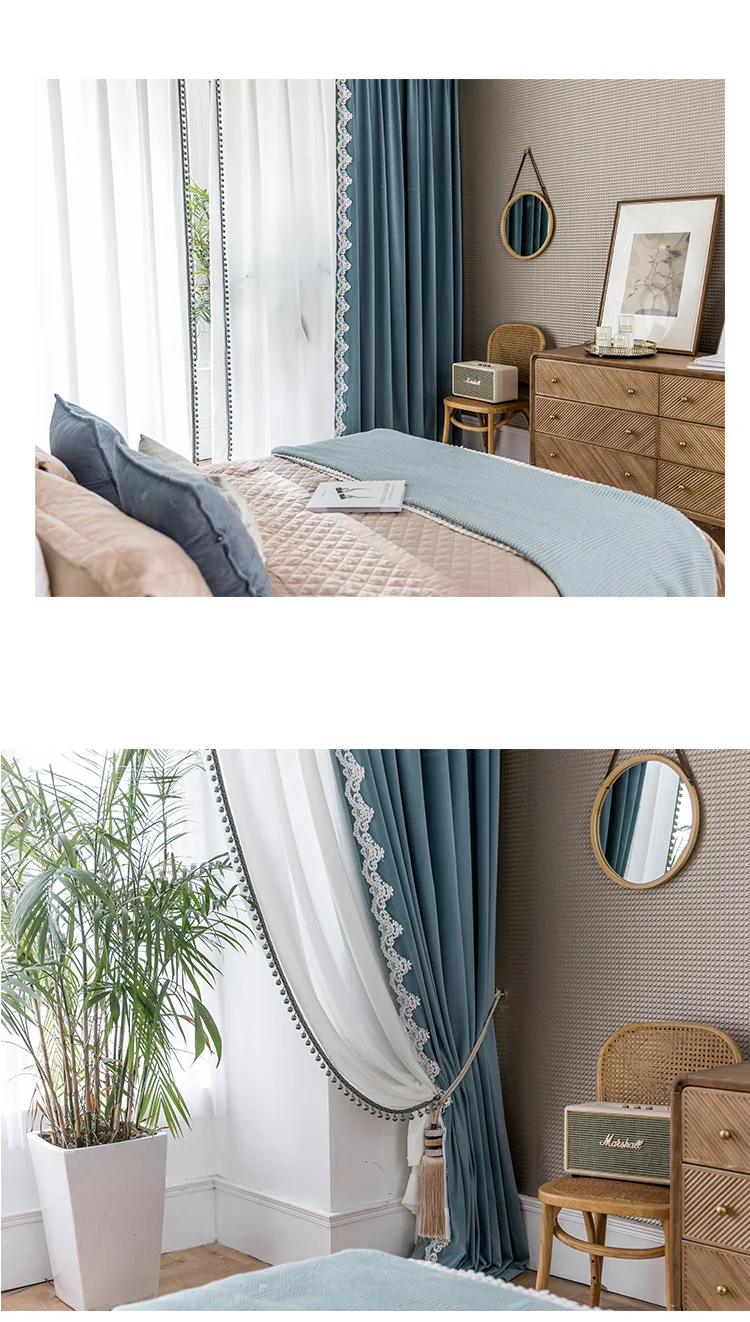 Nordic Curtains for Living Dining Room Bedroom Simple Light Luxury Fresh Haze Blue Dutch Velvet Processing Lace Curtains Window