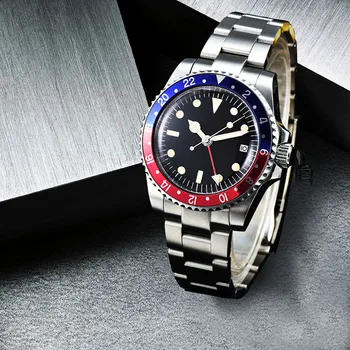 

2020 GMT Watch automatic mechanical 39.5mm sterile dial steel case bracelet luminous red/blue aluminum bezel acrylic crystal G27