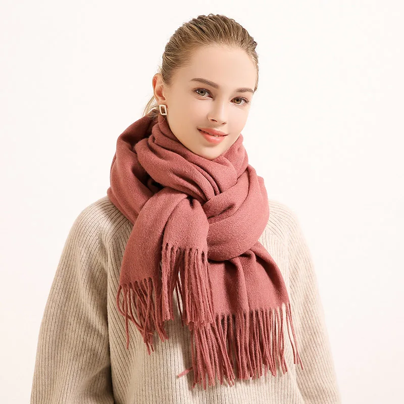 Женский зимний шарф, шерсть, бренд, шали и палантины для девушек, однотонный шарф из пашмины, шарф с кисточками, теплые шарфы из чистой шерсти - Цвет: Cameo