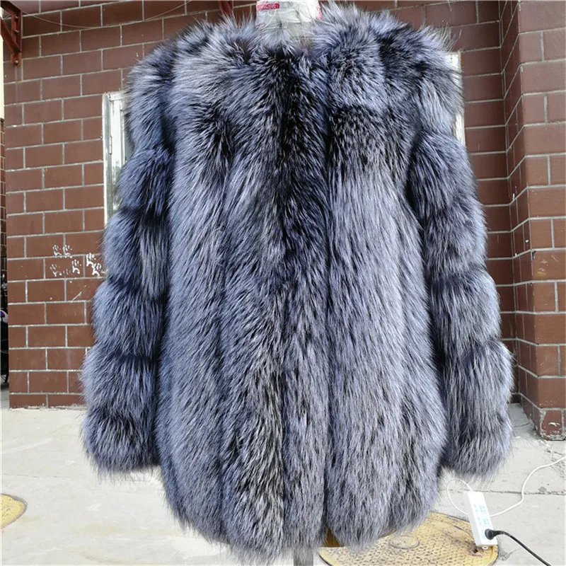 

2019 new style women's natural real silver fox fur coat jacket thick warm fashion winter genuine customize vertical stripes long