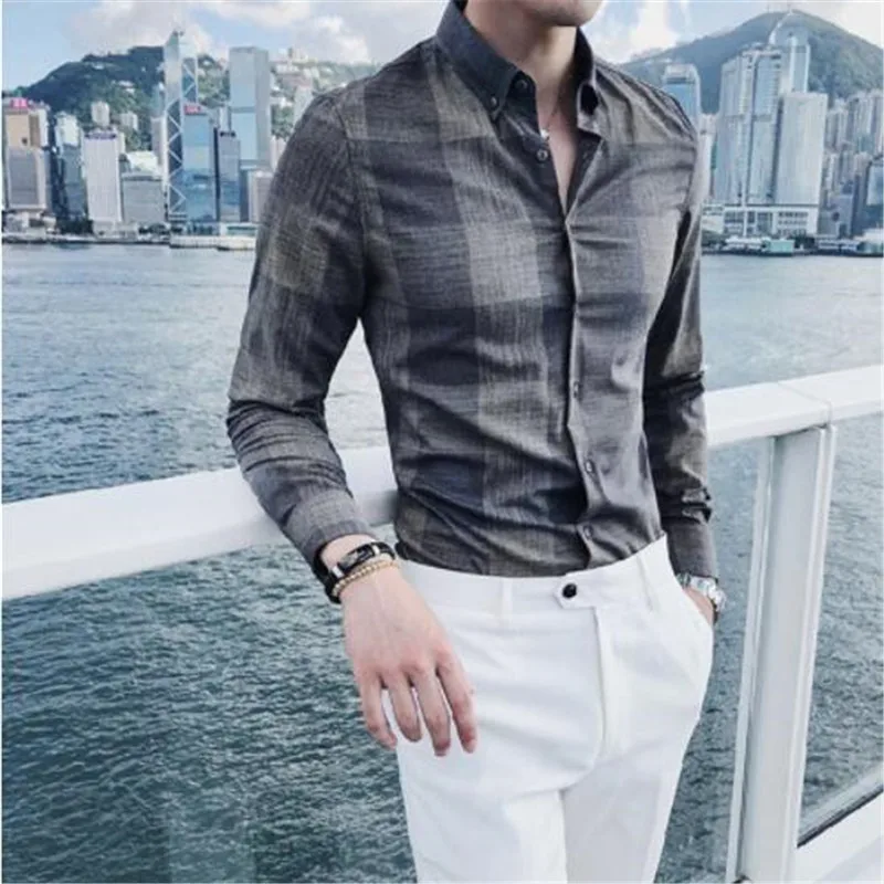 Роскошная большая мужская клетчатая рубашка осень длинный рукав Camisa Social Masculina деловая Повседневная Camiseta Masculina Camicia Uomo