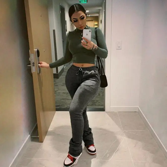 

Fashion Stacked Pants Women Autumn Cotton Blend High Waist Drawstring Elastic Trousers Solid Color Pants Slim Fit Workout