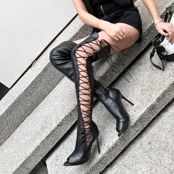 

sexy lady high heel peep toe side lace up over knee thigh high boots black white color side lace up thigh high boots woman
