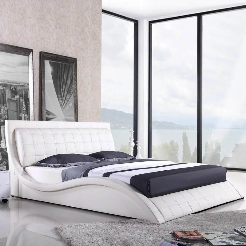 real genuine leather bed / soft bed/double bed king/queen size home bedroom furniture minimalist modern square shape