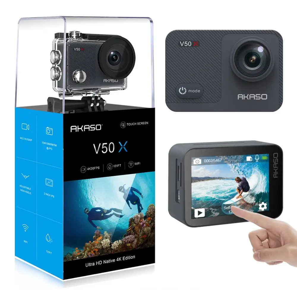 AKASO V50X WiFi Action Camera Native 4K30fps Sport Camera with EIS Touch Screen Adjustable View Ang
