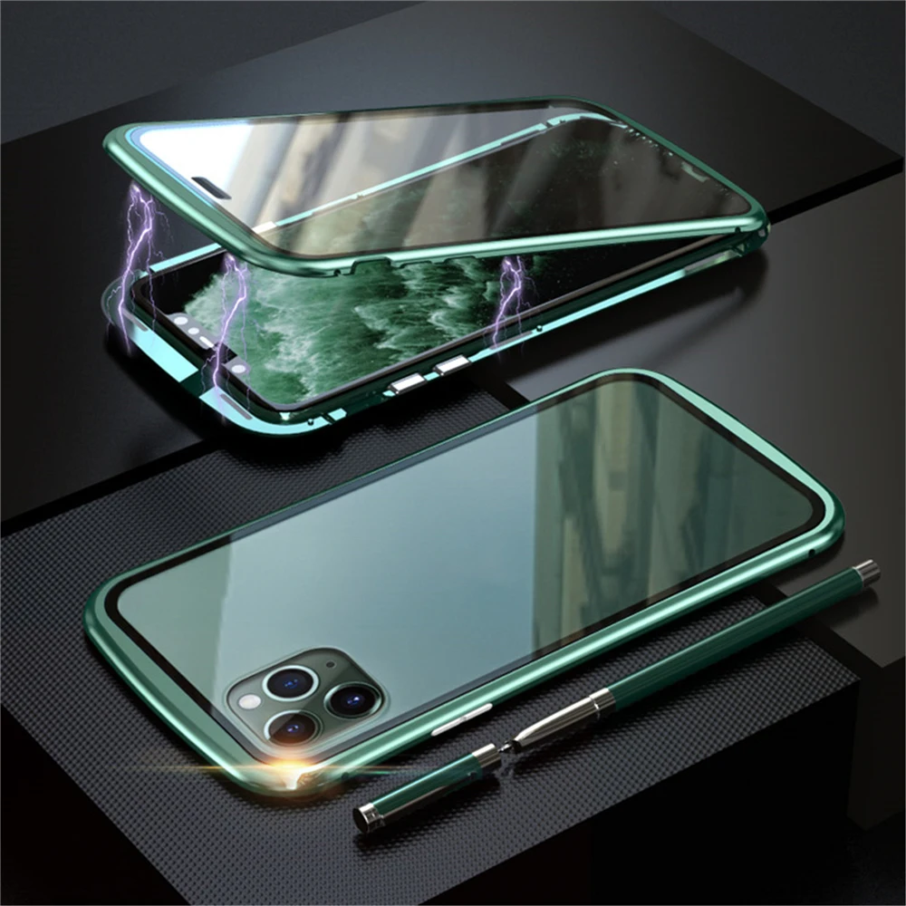 Чехол для телефона для iphone 11 для iphone 11pro для iphone 11Pro Max металлическая рамка двойное закаленное стекло Прозрачный Магнитный Корпус