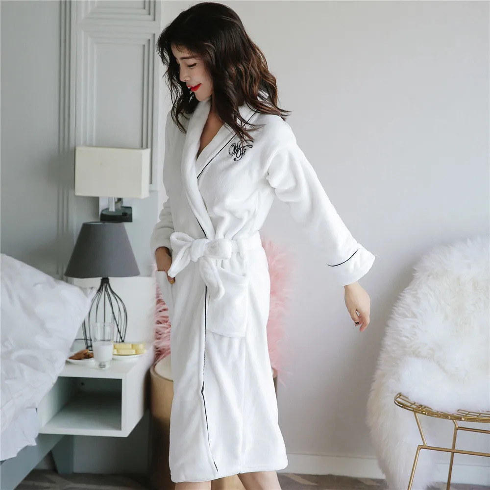 Зимний женский элегантный белый одноцветный халат, кимоно, платье, теплая фланелевая ночная рубашка, Повседневная Мягкая банный халат до середины икры, Пижама