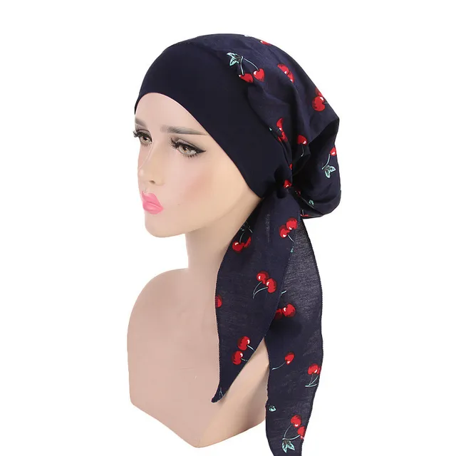 Muslim Women Print Cotton Turban Hat Headscarves Pre-Tied Cancer Chemo Headwear Bandanas Headwrap Caps Navy Blue