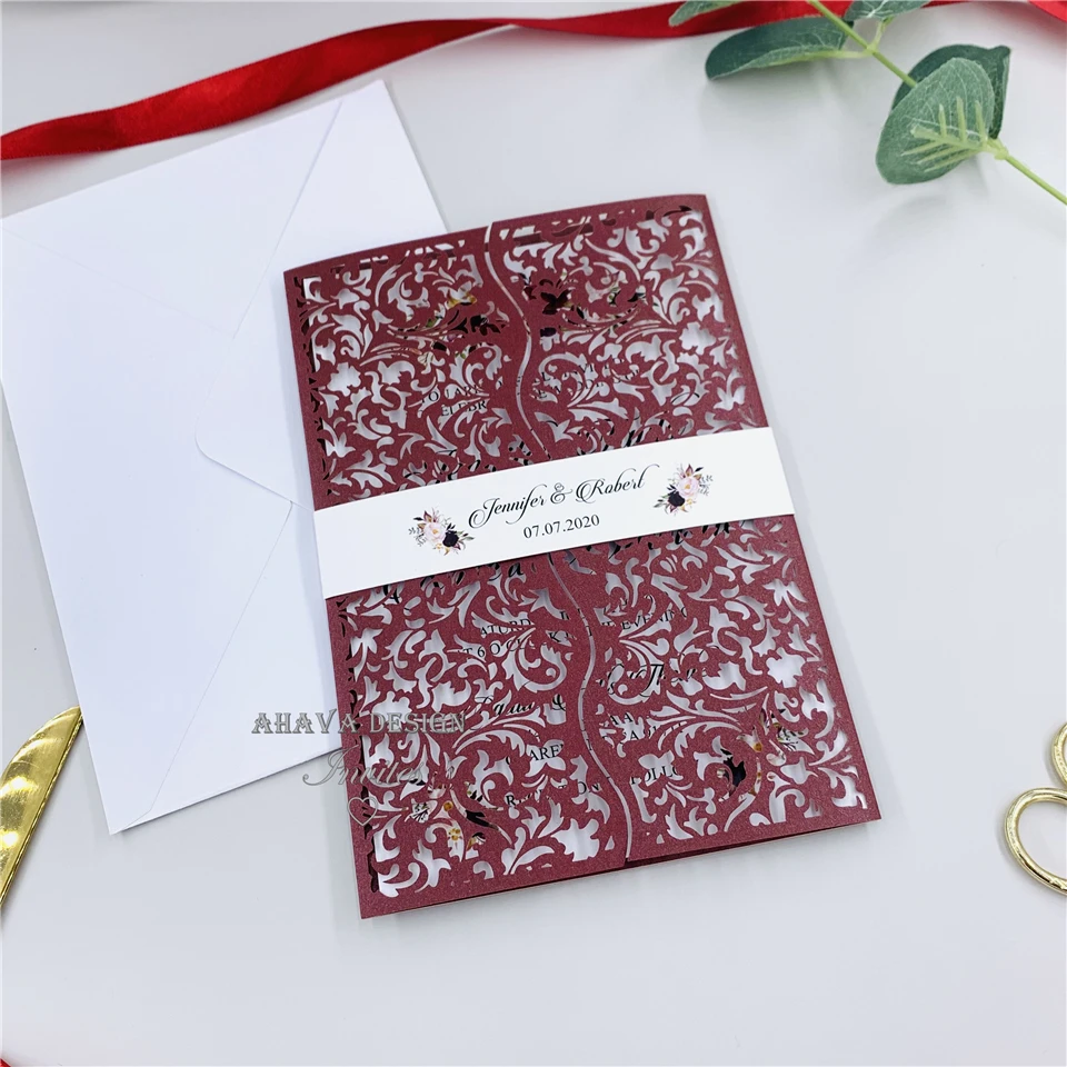 Burgundy Laser Cut Wedding Invitation With Personalized Belly Band, Fancy invitation For Wedding, 15th Birthday, Sweet16