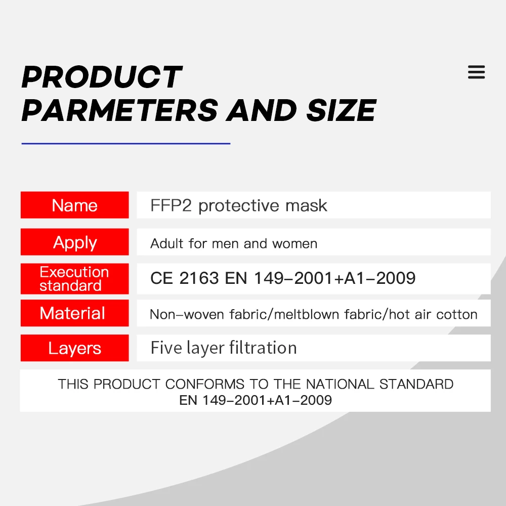 100 PCS Ship From Spain CE Certification FFP2 Face Protective Mask KN95 Anti Dust Mask Effective Filtration Rate 99.6% or Higher