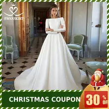 Атласное свадебное платье с длинным рукавом, винтажная юбка-лебедка с открытой спиной, ТРАПЕЦИЕВИДНОЕ ПЛАТЬЕ со шлейфом для невесты, платье принцессы, vestido de noiva I195