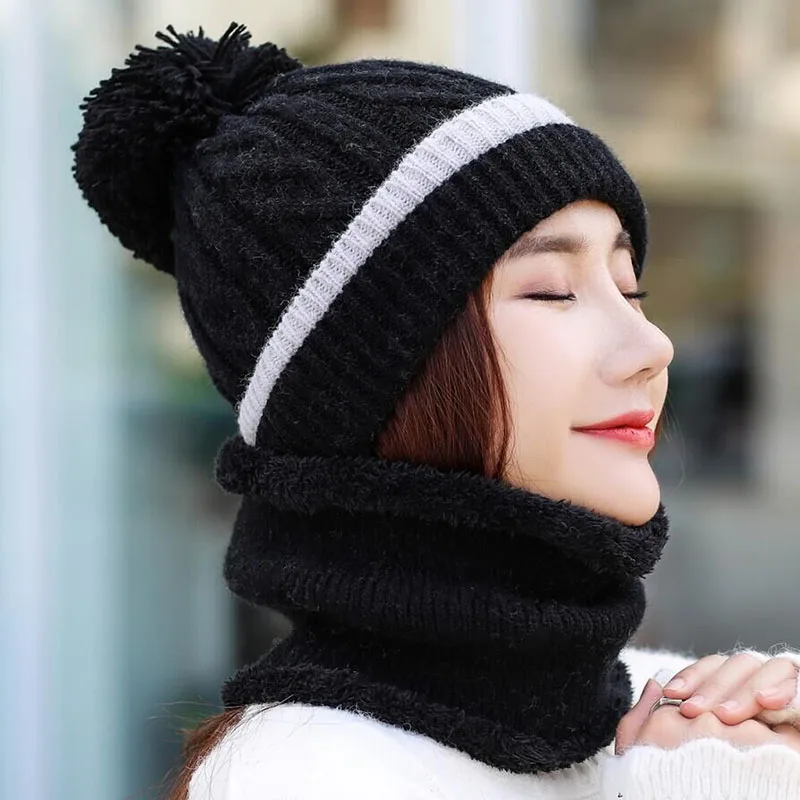 Зимняя женская шапка шапки вязаный шерстяной Теплый шарф толстый ветронепроницаемый подшлемник Мульти Функциональная шапка шарф Набор для женщин