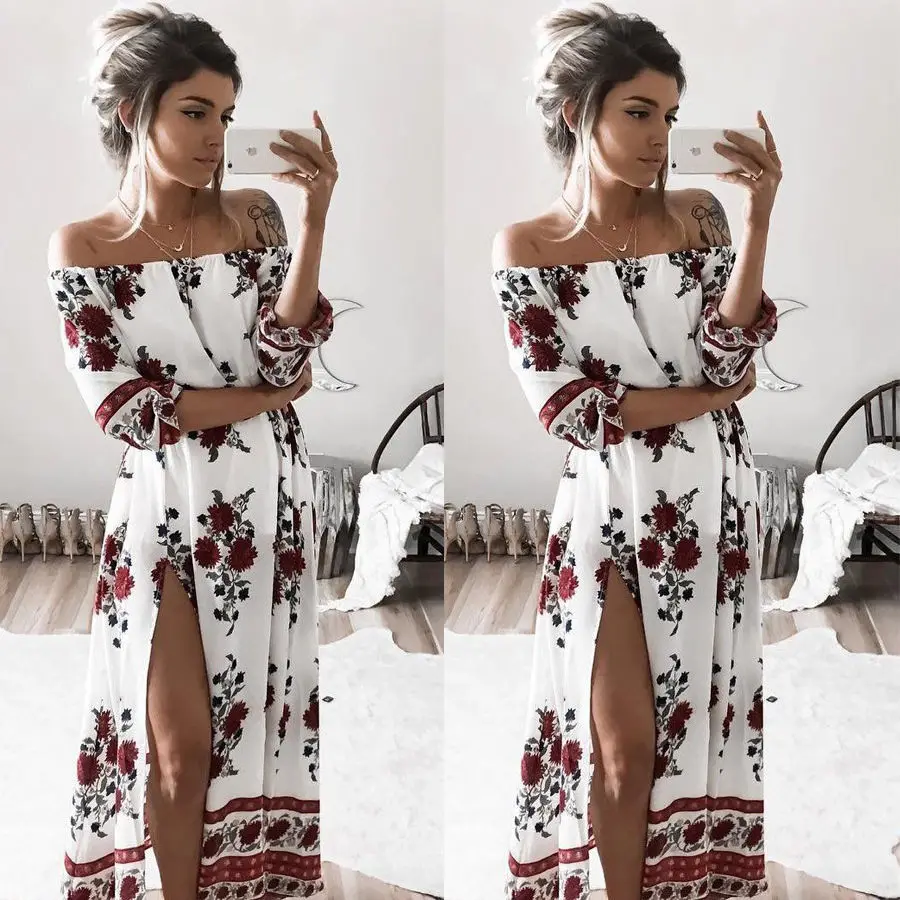 

Hot Sale Fashion Summer Boho Beach Off Shoulder Vintage Floral Printed Women Long Dress Half sleeve Loose Dress
