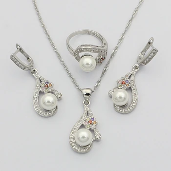 

Flower Cubic Zirconia White Pearl 925 Silver Jewelry Sets For Women Wedding Earrings With Stone Pendant Pearls Necklace Set