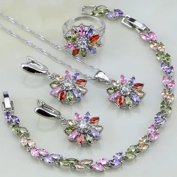 

Flower Multicolor Stones Cubic Zirconia 925 Sterling Silver Jewelry Sets For Women Earrings/Pendant/Necklace/Ring/Bracelet