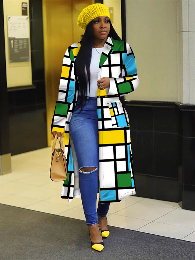 Adogirl Plus Size S-5XL Plaid Print Women Trench Coat Double Breasted Turn Down Collar Long Sleeve Extra Long Jacket Outwear