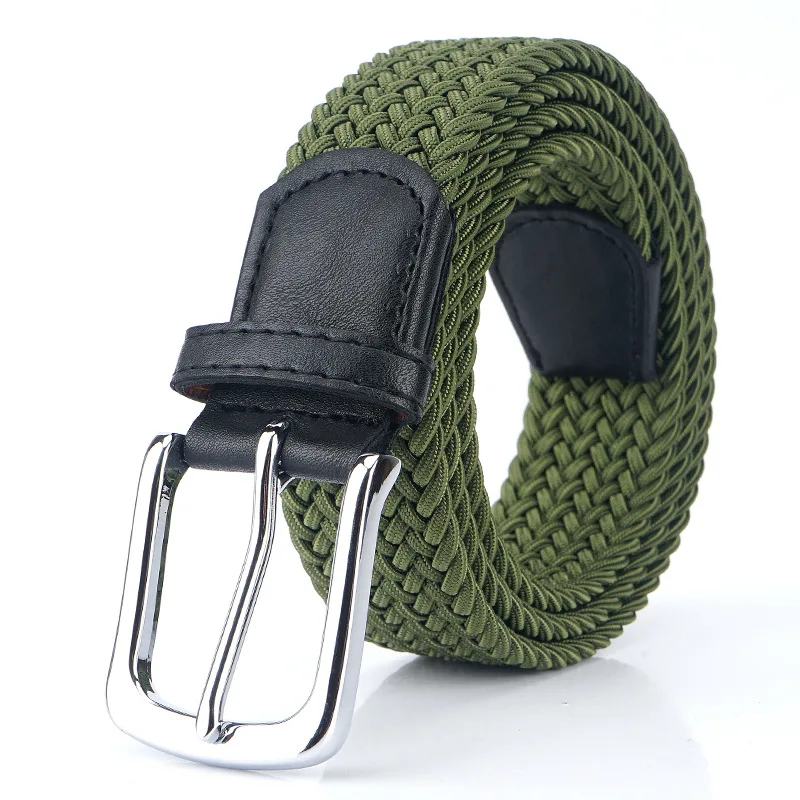 Elastic Braided Belt Women Casual Pin Buckle Belts Men High Quality Multiple Sizes Not Need Punch Easy Wear Fashion Luxury - Color: Army green