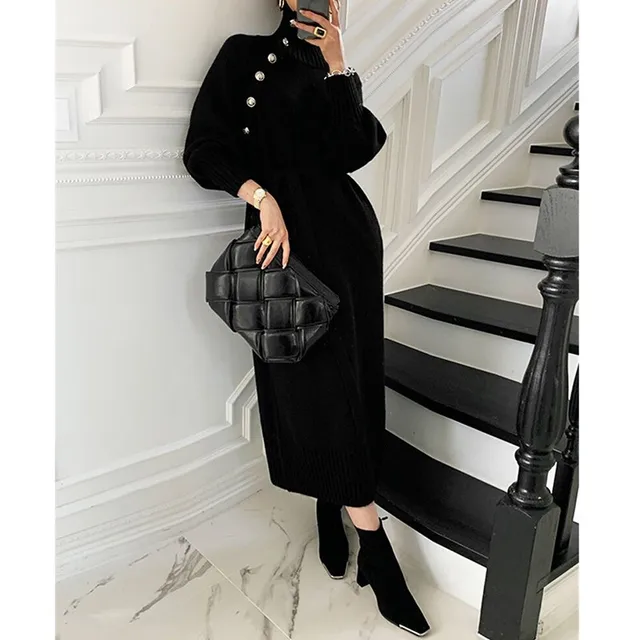 Elegant Evening Party Dress Knitted Diagonal Colla Sash Tie Up Autumn Winter Mid-calf Fashion Pullover Sweater Dresses Vintage 1