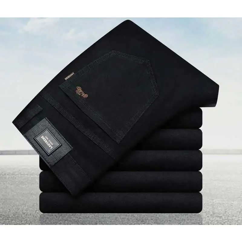 Весенние новые мужские Стрейчевые прямые тонкие весенние брюки мужские чистые черные джинсы корейские бизнес офисные мужские прямые брюки