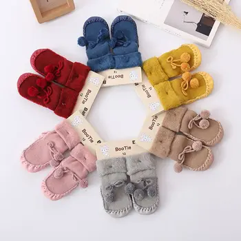 

0-24M Newborn Baby Socks Winter Warm Soft Velvet Solid Color Anti-Slip Floor Socks With Fluffy Ball Desgine