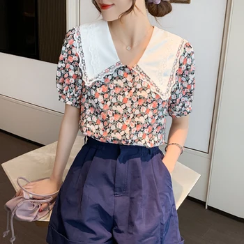 

COIGARSAM Floral Print blouse women New Summer Short Sleeve Chiffon blusas womens tops and blouses Orange Black 1029