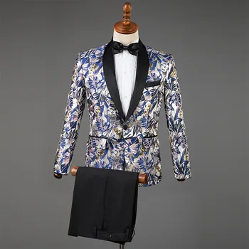 

The new 2019 men single-breasted suit fashion suits show stitching satin suits printed in two pieces