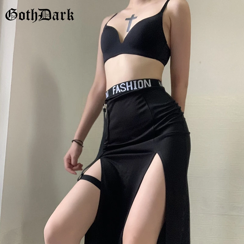 Goth Dark Gothic High Waist Black Midi Dress Y2k Grunge Patchwork Elastic Slit Hem A-line Midi Skirts Women Autumn Streetwear