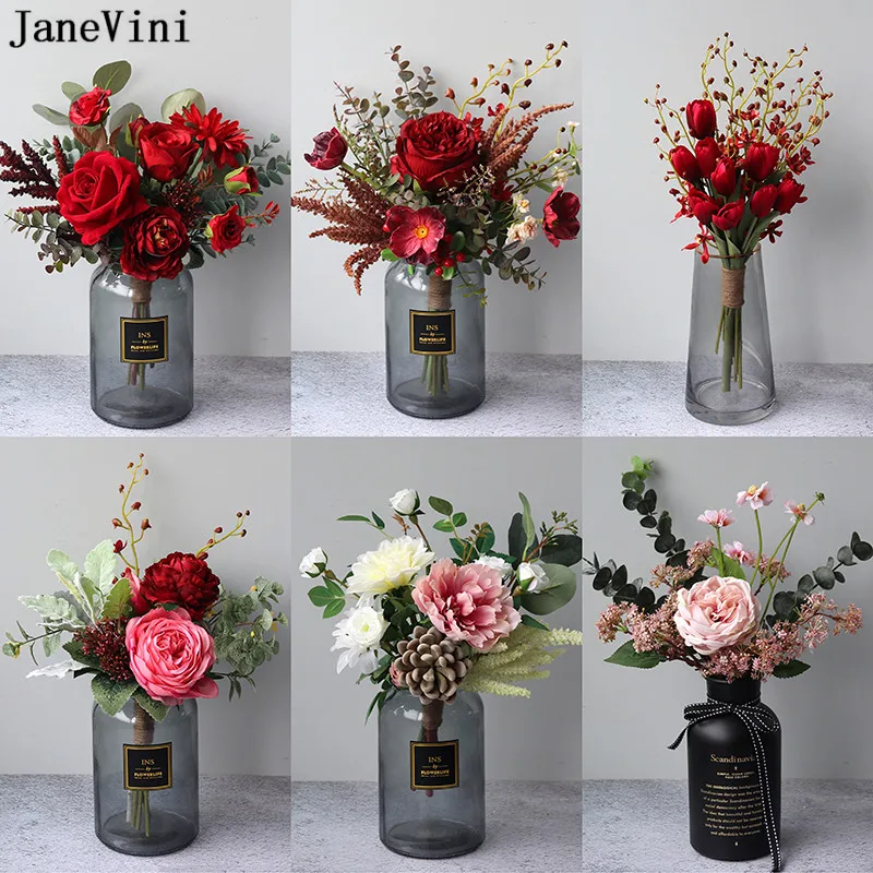 

JaneVini Artificial Bridesmaid Flowers Red Rose Silk Pink Bridal Small Wedding Bouquets Bride Ramo Peonias Kwiaty Sztuczne 2021